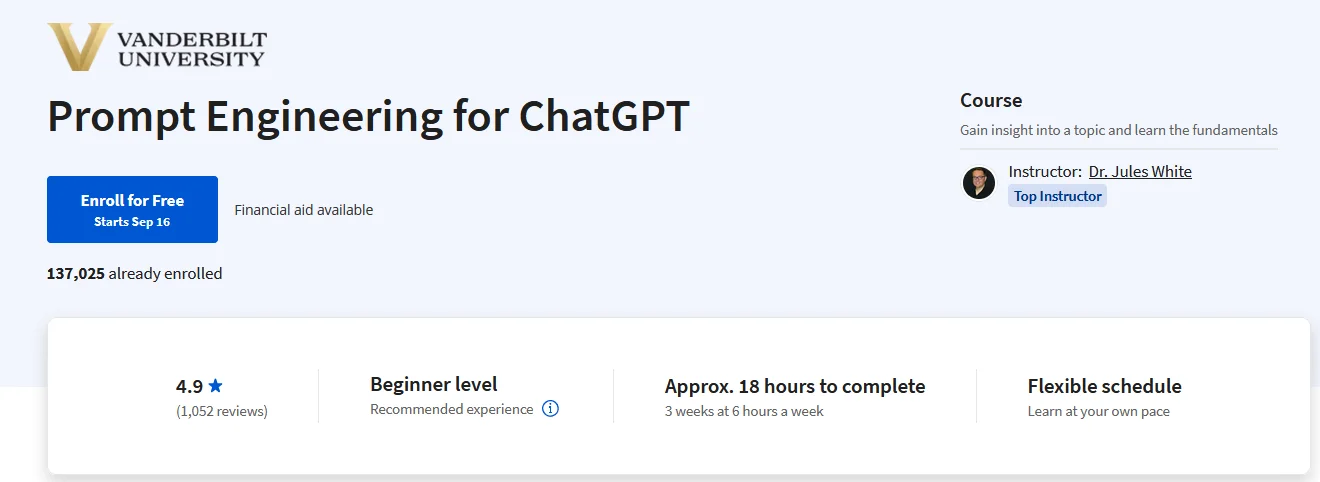Best 5 Free Prompt Engineering Courses & Resources 2023 - Prompt Engineering for ChatGPT by Coursera Prompt Engineering for ChatGPT by Coursera